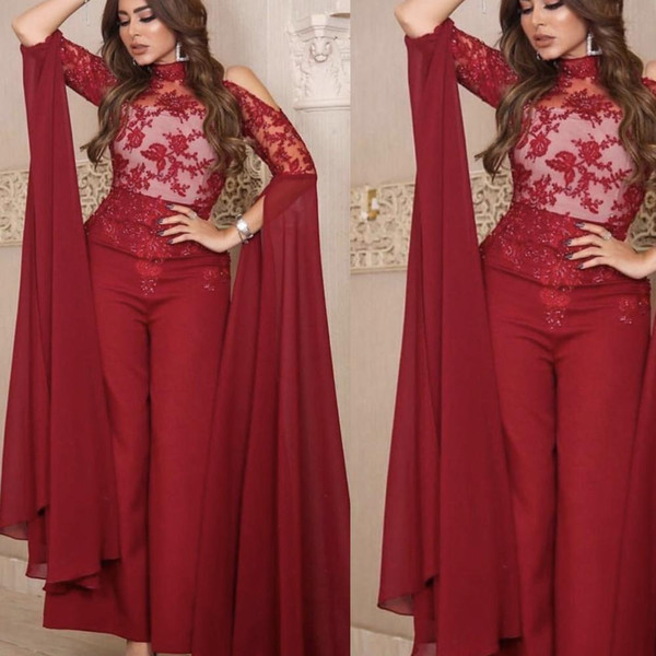 Burgunday Lace Jumpsuits Women Evening Gowns Dubai Fashion High Neck Pants For Weddings Long Sleeves Lace Mother Of The Bride Dress