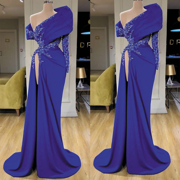 Royal Blue Evening Dresses Long Sleeves Mermaid Beaded Women Formal Party Dresses High Side Split Pageant Dress vestido de longo