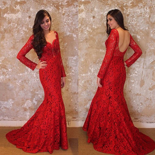 Full Lace Red Evening Dresses Mermaid Long Sleeveless Sexy Backless Formal Long Prom Gowns Sweep Train Cheap Girls Party Dress
