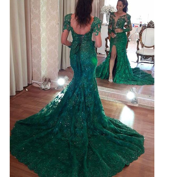 Luxury Lace Evening Dresses Hunter Green Long Sleeves Crystal Beading Illusion Formal Long Prom Gowns Arabic Pageant Dress