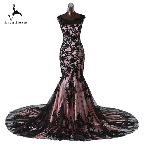 Eren Jossie New Style Mermaid Evening Elegant Dress Black Appliques Long Train Gown Free Custom Made