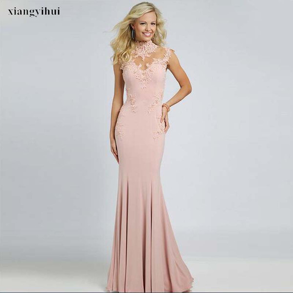 Charming Design Evening Dress See Through Back With Applique High Neck Chiffon Elegant Mermaid Dresses Party