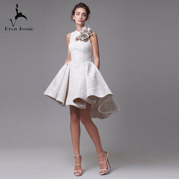 New Arrival Lace Asymmetrical Evening Dresses Short Length Handmade Flower Modern Ball Gown European Design