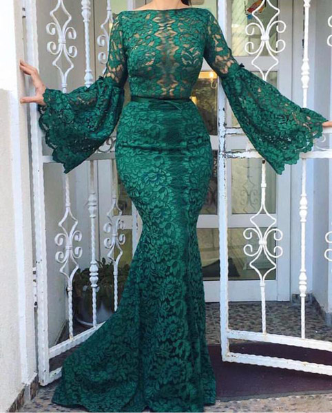 Elegant Bateau Neck Full Lace Mermaid Evening Dresses Long Sleeve Prom Gown Women Formal Dress Vestido De Festa