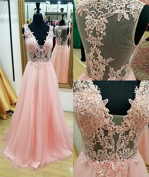 New Style Pink Evening Dress V Neck Lace Crystal Floor Length Tulle Vestidos de Festa See Through Sexy Evening Gowns Long Party Dress 