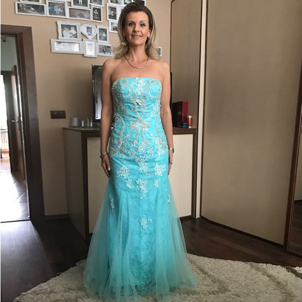 New Real Pictures Woman Party Dress Mermaid Strapless Long Evening Dress Lace Crystal Prom Dresses Turquoise Evening Gowns 