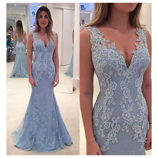 New Party Dress Mermaid V Neck Evening Dress Lace Long Vestidos de Festa Sexy Backless Evening Gowns Girls Graduation Dresses