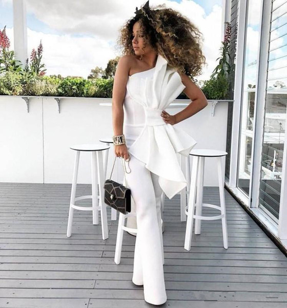 chic Vintage One Shoulder White Women Jumpsuit Prom Dresses With Big Bow Formal Party Evening Gowns Custom Made Special Occasion Dress