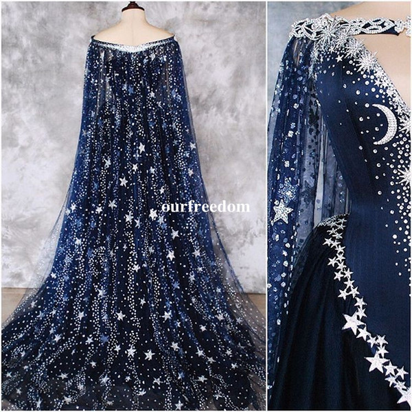 Stunning Beaded Sequins Evening Dresses Bateau Neck With Cloak Jacket Dubai Arabic Style Navy Blue Formal Occasion Dresses Custom Made