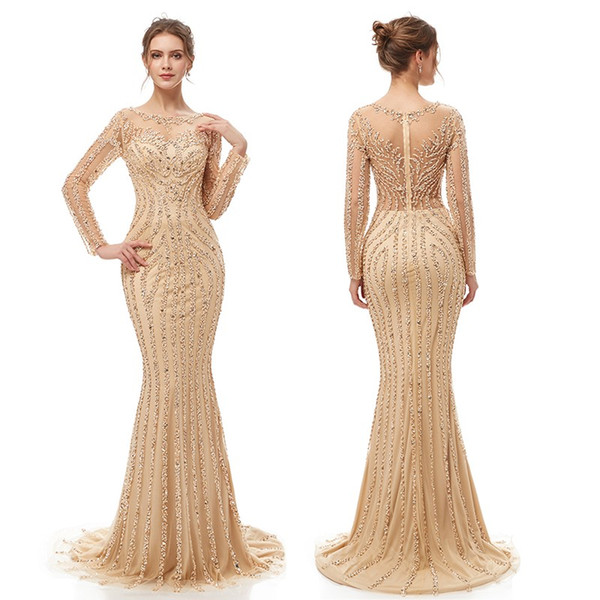 Luxury Mermaid Sequins Sexy Sheath Dress Sparkly Prom Party Dresses Dubai Show Long Sleeves Sheer Bodice Evening Gown