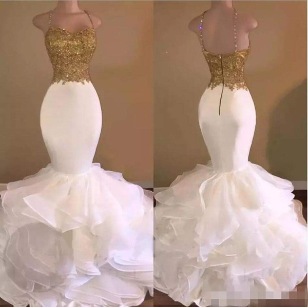 Sexy White Mermaid Gold Appliqued Sequins Evening Dresses Sparkly Organza Ruffles Sweep Train Prom Party Gowns Arabic Celebrity