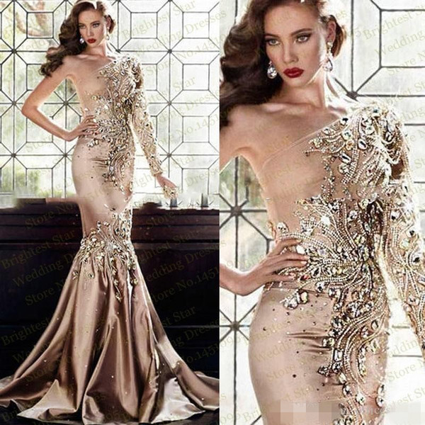 Luxury Zuhair Murad Crystal Dresses Evening Wear Dubai One Shoulder Rhinestone Formal Gowns Muslim Long Sleeve Gold Prom Dresses