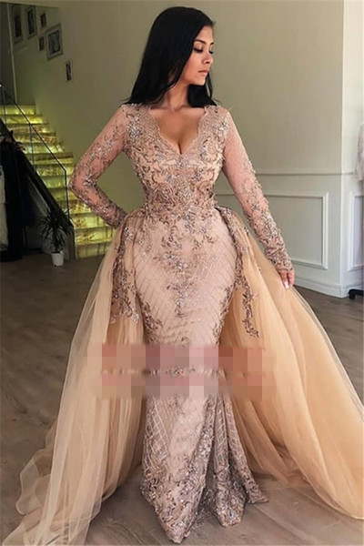 Elegant V-Neck Long Sleeves Tulle Evening Dresses Sexy Mermaid Applqiues Evening Dresses with Detachable Skirt Custom Made