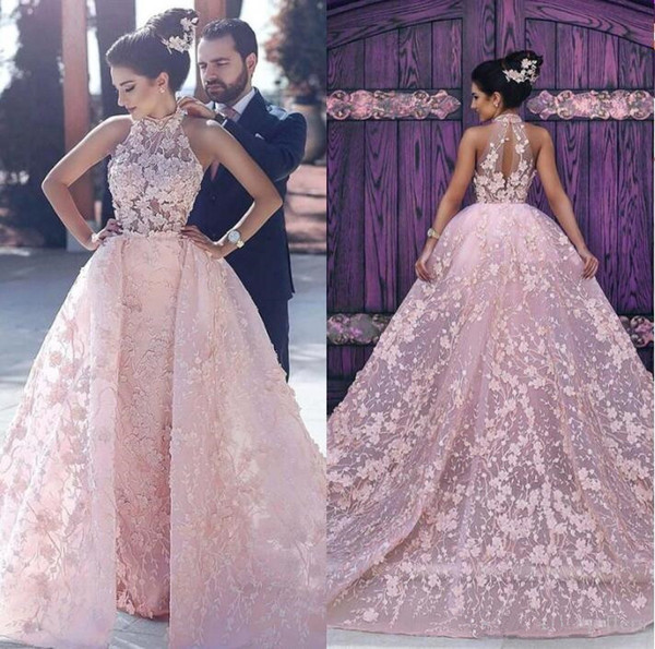 Pink Amazing Evening Dresses Full Lace with Detachable Train Long Fomral Prom Party Gowns custom made Arabic Style Halter Dresses