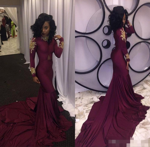 2017 Wine Red South African Mermaid Prom Evening Dresses Sexy High-neck Gold Appliques Ruffles Tiered Party Reception Dress Sweep Train