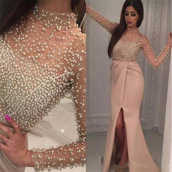 2017 Arabic Modest full pearls mermaid Evening Dresses high neck Sheer Long Sleeves Robe De Soiree split Formal Prom Dresses