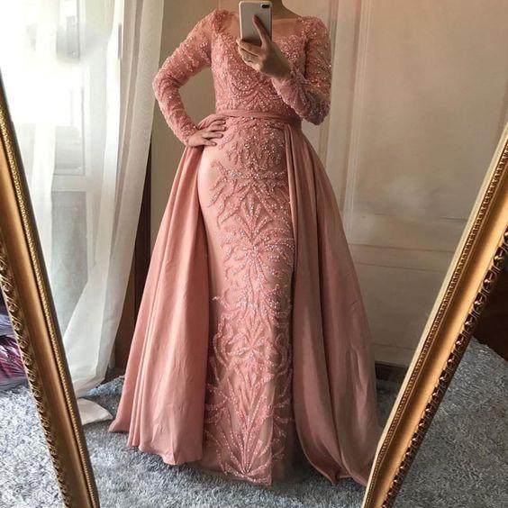 Shining Evening Dresses Sheer Jewel Neck Long Sleeve Bling Bling Rhinestones Mermaid Detachable Train Formal Occasion Prom Dresses