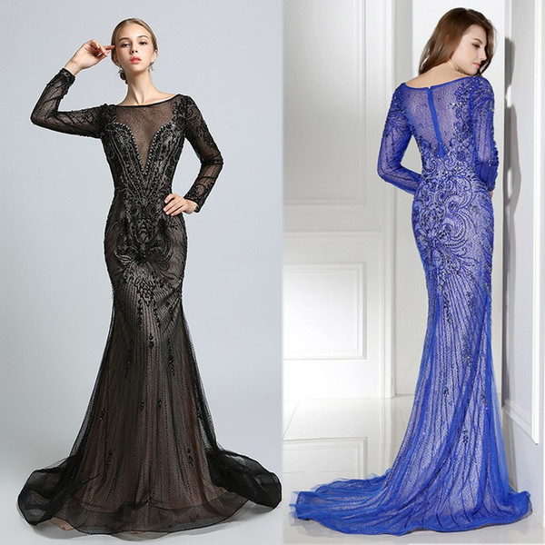 Luxury Mermaid Beads Sexy Rhinestones Prom Party Long Sleeves Dresses Dubai Show Sheer Bodice Formal Occasion Dress Mother Evening Gown