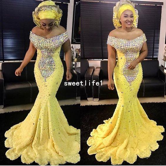 Aso Ebi Style Off The Shoulder Evening Dresses Sparkly Beaded Crystal Fitted Mermaid Tiered Skirts Lace Formal Occasion Prom Party Gown