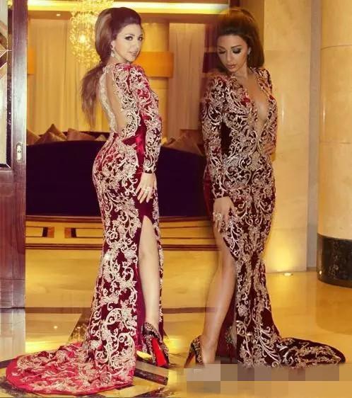 Sexy Myriam Fares High Split Evening Dresses Burgundy Mermaid Plunging V Neck Lace Applique Long Sleeves Arabic Celebrity Party Gowns