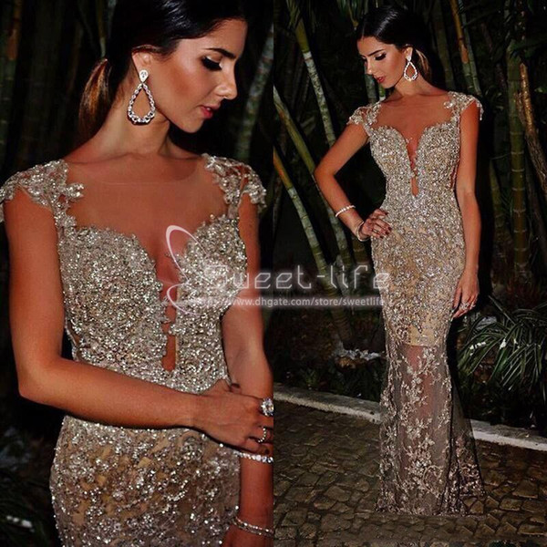 Ladies Luxury Long Silver Sparkly Sheer Rhinestones Mermaid Sexy Evening Dress Dance Party Niightgown Prom Gowns Sleevelesss