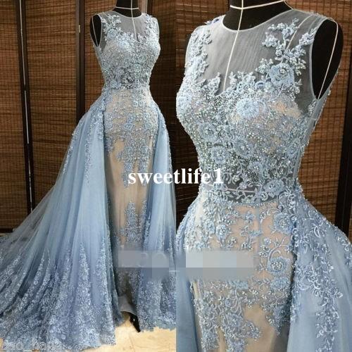 2016 Elie Saab Evening Dresses Detachable Overskirt Deep V Neck Illusion Blue-gray Pearls Beaded Lace Appliques Tulle Celebrity Prom Gown