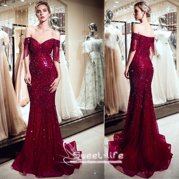 Ladies Long Red Sparkly Backless Beading Mermaid Sexy Evening Dress Dance Party Niightgown Prom Gowns Off Shoulder with Tassels