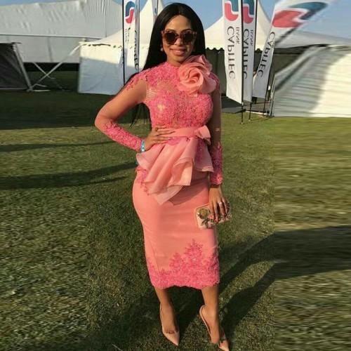 Evening Dress Tea Length Robe De Soiree Nigerian Evening Dresses Pink Abendkleider Long Sleeves Evening Gowns Peplum Pleats