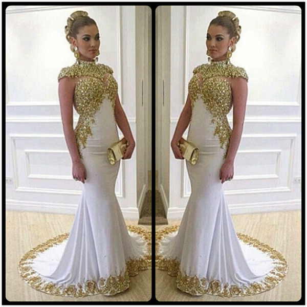 Luxury Long Mermaid Plus Size Evening Dresses With Gold Lace Appliques High Neckline Cap Sleeves Women Formal Dress Gowns