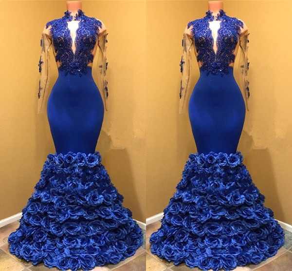 High Neck Royal Blue Mermaid Prom Dresses With Seer Long Sleeves Appliques Rose Flowers Formal Evening Party Gowns