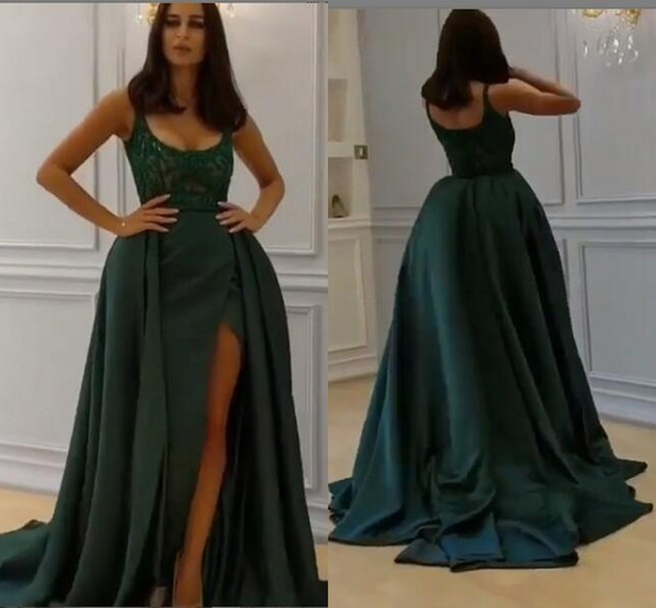 Dark Green Scoop Neck Evening Dresses Sequins Lace Sexy Side Split Overskirts Formal Occasion Party Prom Dresses Dubai Arabic Style