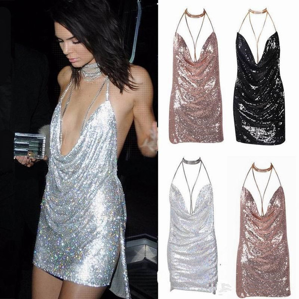 Sexy Elegant Women Sequin Dress Backless Ladies Cocktail Dresses Chain Choker Slip Dress short custom made Evening Party Prom Gowns