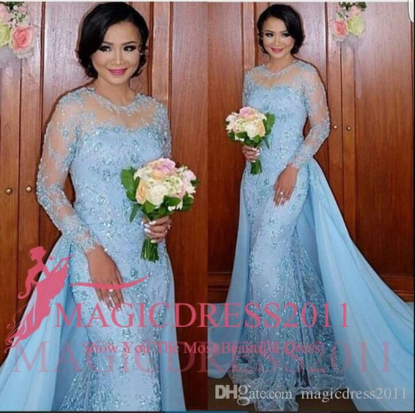 abita Blue Evening Formal Dresses Mermaid Jewel Illusion Long Lace Sleeve Beaded Vintage Party Formal Gowns Celebrity Custom Made