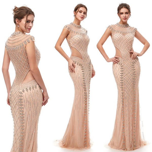 Luxury Mermaid Rhinestones Sexy Sparkly Prom Party Dresses Dubai Show Hollow Backless Illusion Dress Evening Gown