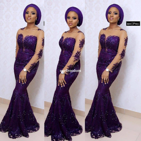 Aso Ebi Style Purple Mermaid Evening Dresses For South Africa New Style Long Sleeve Illusion Neck Shining Lace Formal Occasion Gown