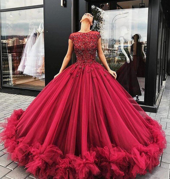 Burgundy Quinceanera Ball Gown floor length Applique Beaded Short Sleeves Ruffles custom made Tull lace Long Party Prom Evening Gowns