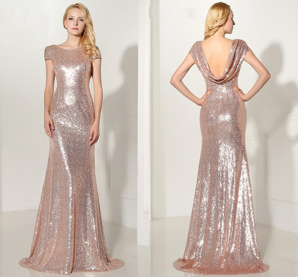 Cheap Sexy Backless Rose Gold Sequined Evening Dresses Cap Sleeves Mermaid Long Cheap Party Gown Vestido De Festa Longo
