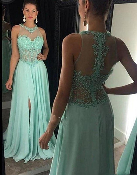 Mint Green Plus Size Chiffon Dresses Evening Wear A Line Jewel Crystal Beading Sexy Side Split Long Prom Gowns Formal Wear