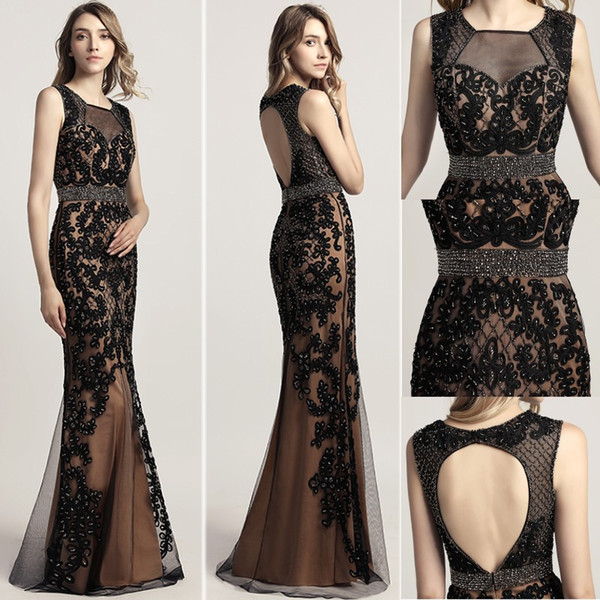 Luxury Black Lace Mermaid Beads Sash Prom Party Sleeveless Dresses Dubai Show Sheer Bodice Backless Formal Occasion Dress Evening Gown