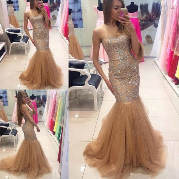 Hot Elegant Sweetheart Neck Mermaid Long Prom Dresses Tulle Zipper Sweep Train Applique Beaded Formal Prom Gowns Evening Party Dresses