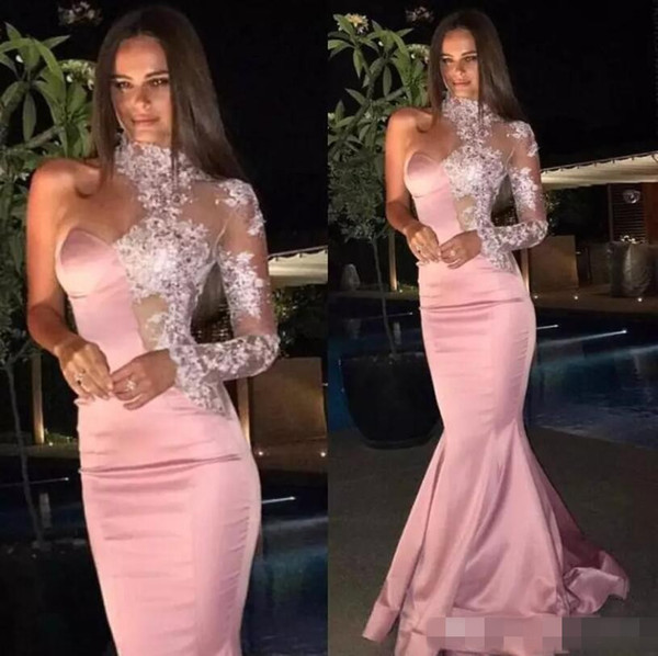 Formal Mermaid Rose Gold Evening Dresses Sexy Lace High Neck Sheer One Shoulder Long Sleeve Prom Gown Custom Red Carpet Celebrity Dres