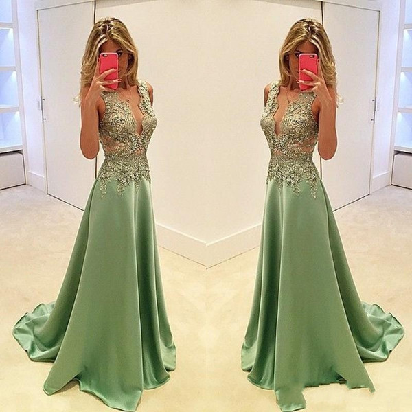 Sexy Evening Dresses Wear Plunging V Neck Green Satin Lace Appliques Beaded Illusion Long Prom Gowns Plus Size Formal Party Dress