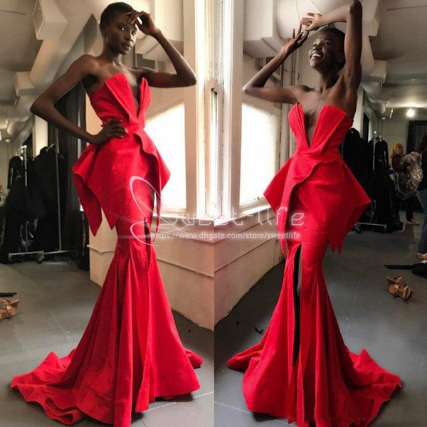 Red Satin Mermaid Tiered Evening Gowns South African Strapless Peplum Prom Dresses Cheap Sweep Train Formal Party Vestidos