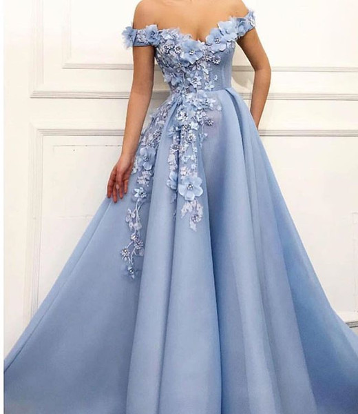 Elegant Off The Shoulder Evening Dresses 3D Flora Appliques Beaded Light Sky Blue Dubai Style Prom Dresses Occasion Dresses