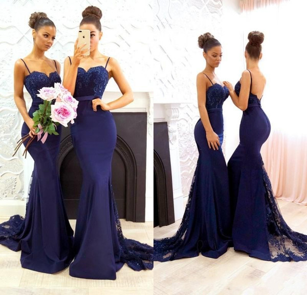 Navy Blue Beaded Lace Bridesmaid Dresses Spaghetti Straps Satin Mermaid Long Maid of Honor Gowns Sweep Train Formal Evening Gowns