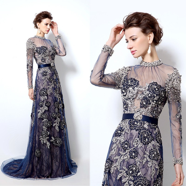 Navy Blue Sparkly Jewel Long Sleeves Lace Evening Dresses Sash Backless Beading Crystals A-Line Party Dress Prom Gowns Floor Length