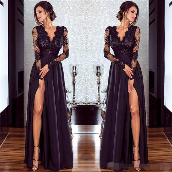 Black V Neck Sheer Long Sleeves Satin Evening Dresses Lace Top Split A Line Party Prom Dresses