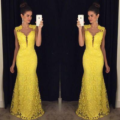 Full Lace Sheath Evening Dresses Long New Floor Length Elegant Party Formal Robe De Soiree Long Yellow Prom Dresses Pageant Gowns DE024