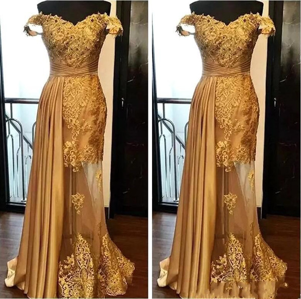 Off The Shoulder Long Evening Dresses Arabic Golden Tulle Applique Ruched Beaded Floor Length Pageant Formal Party Gowns Prom BA9946