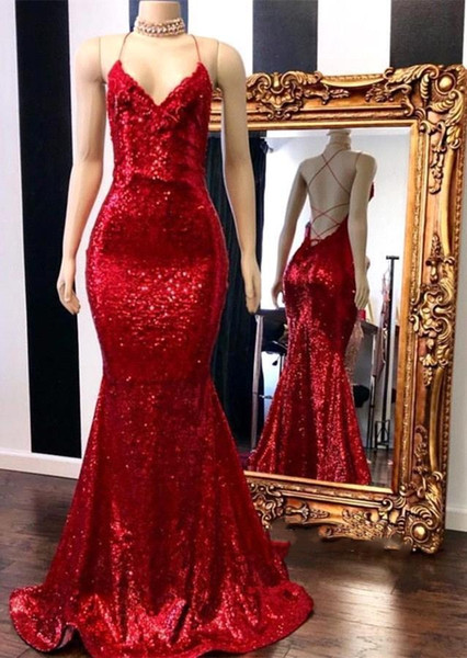 Hot Sell Shinning Sequins Red Mermaid Evening Dresses Sexy Criss Cross Backless Long Formal Party Prom Gowns Celebrity Dresses BC0420